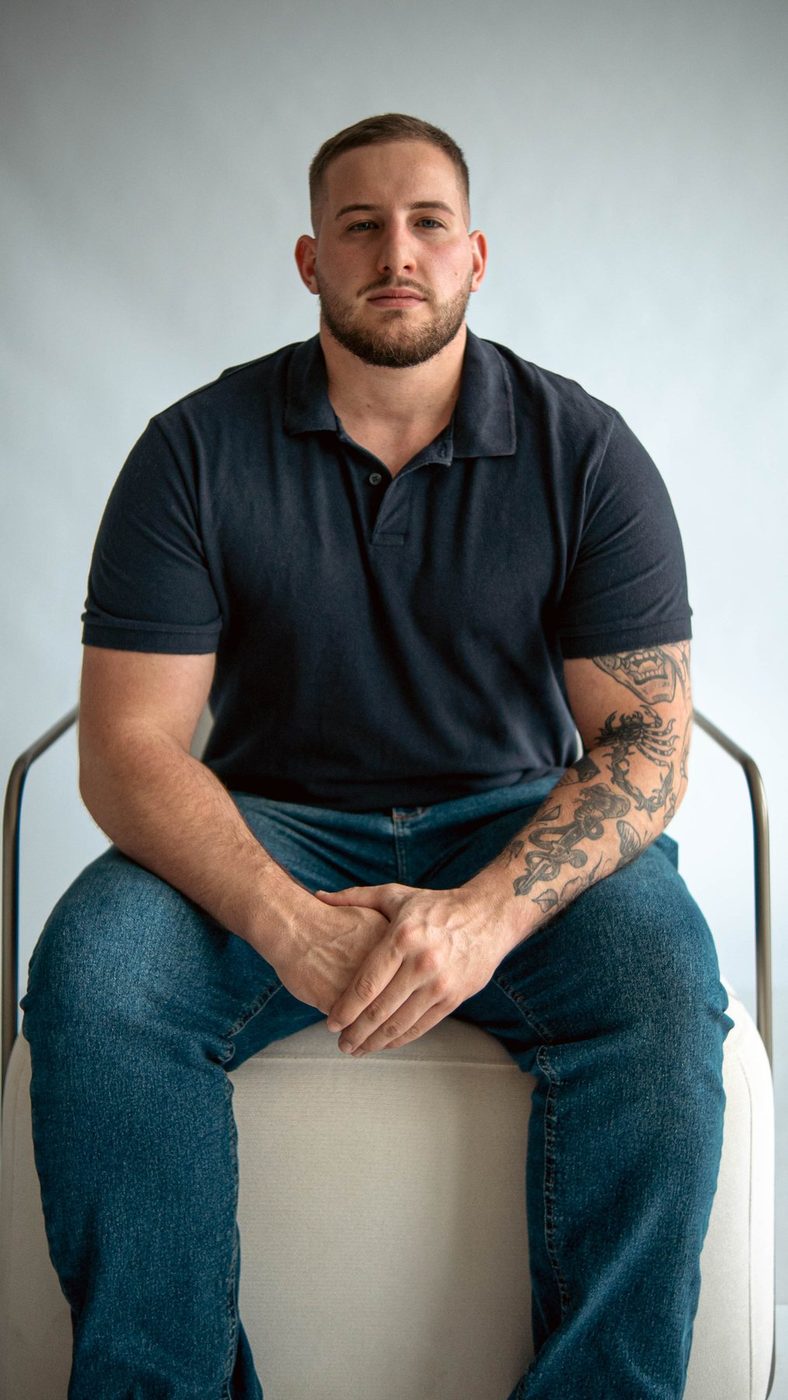 Igor Kunkel Kist, massoterapeuta, sentado, retrato em estúdio